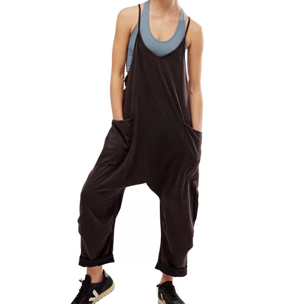 Free People RARE Hot Shot Teddy Jumpsuit Washed Black White Trim Size Large